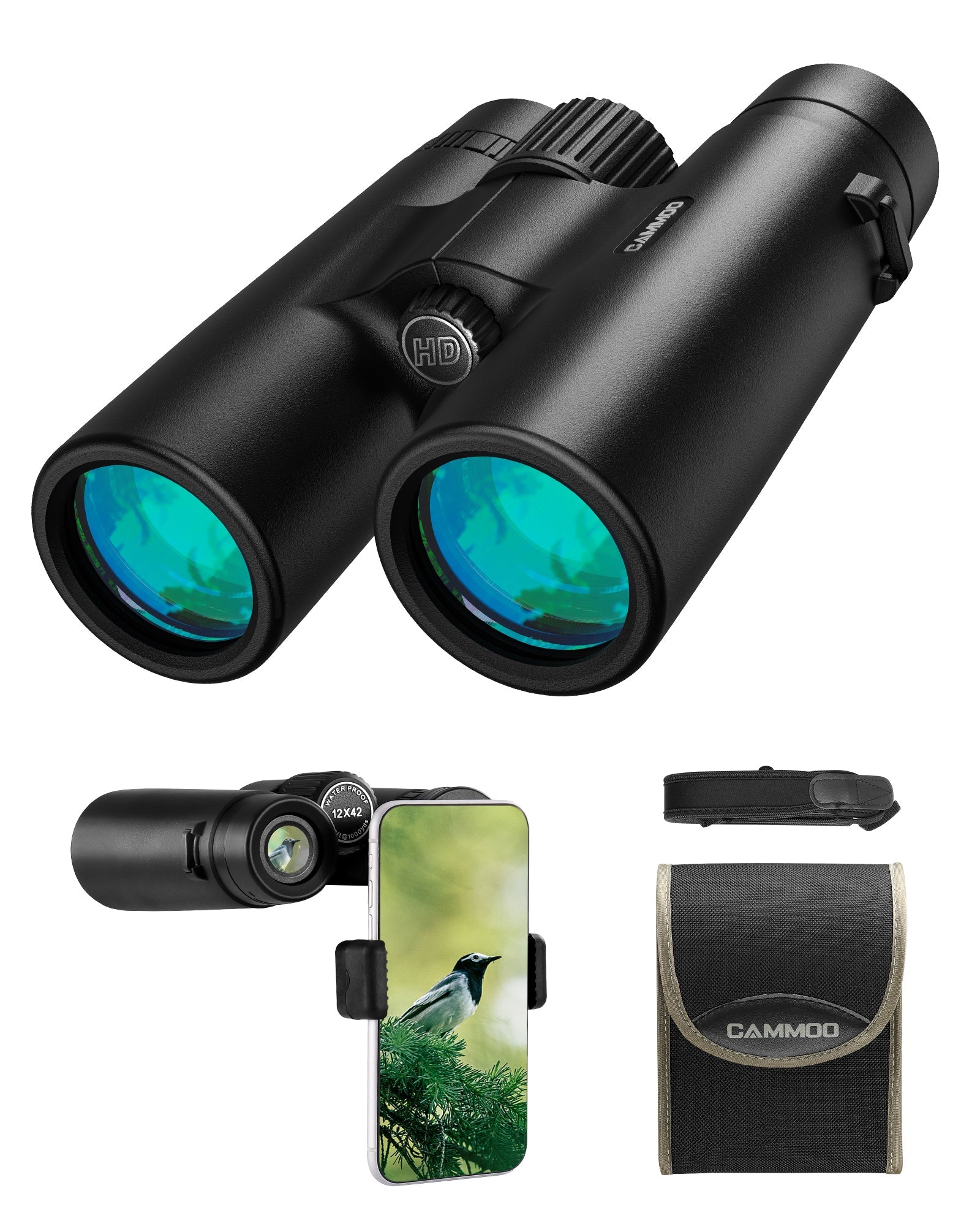 12x42 HD Binoculars for Adults High Powered with Phone Adapter, Low Light Larger View SMC Lens & Brighter BAK-4 Prism, Waterproof FogProof Binoculars for Bird Watching Travel Cruise Ship Hunting