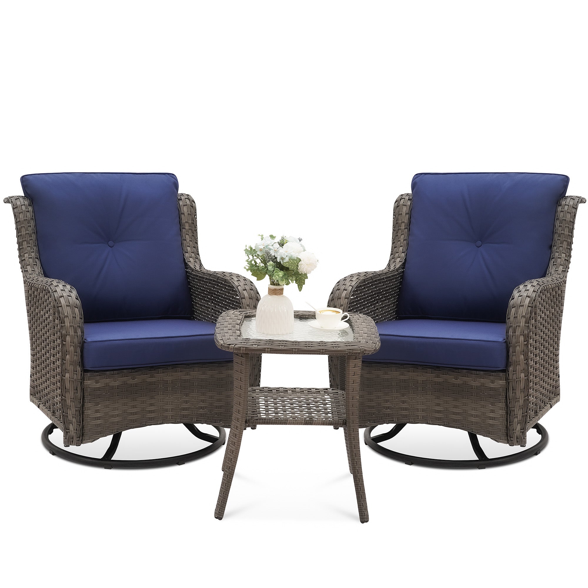 3-Piece Swivel Rocking Rattan Chair Outdoor, Patio Bistro Furniture Conversation Set, Cushioned Wicker Chair with Glass Coffee Table(Grey, Blue)