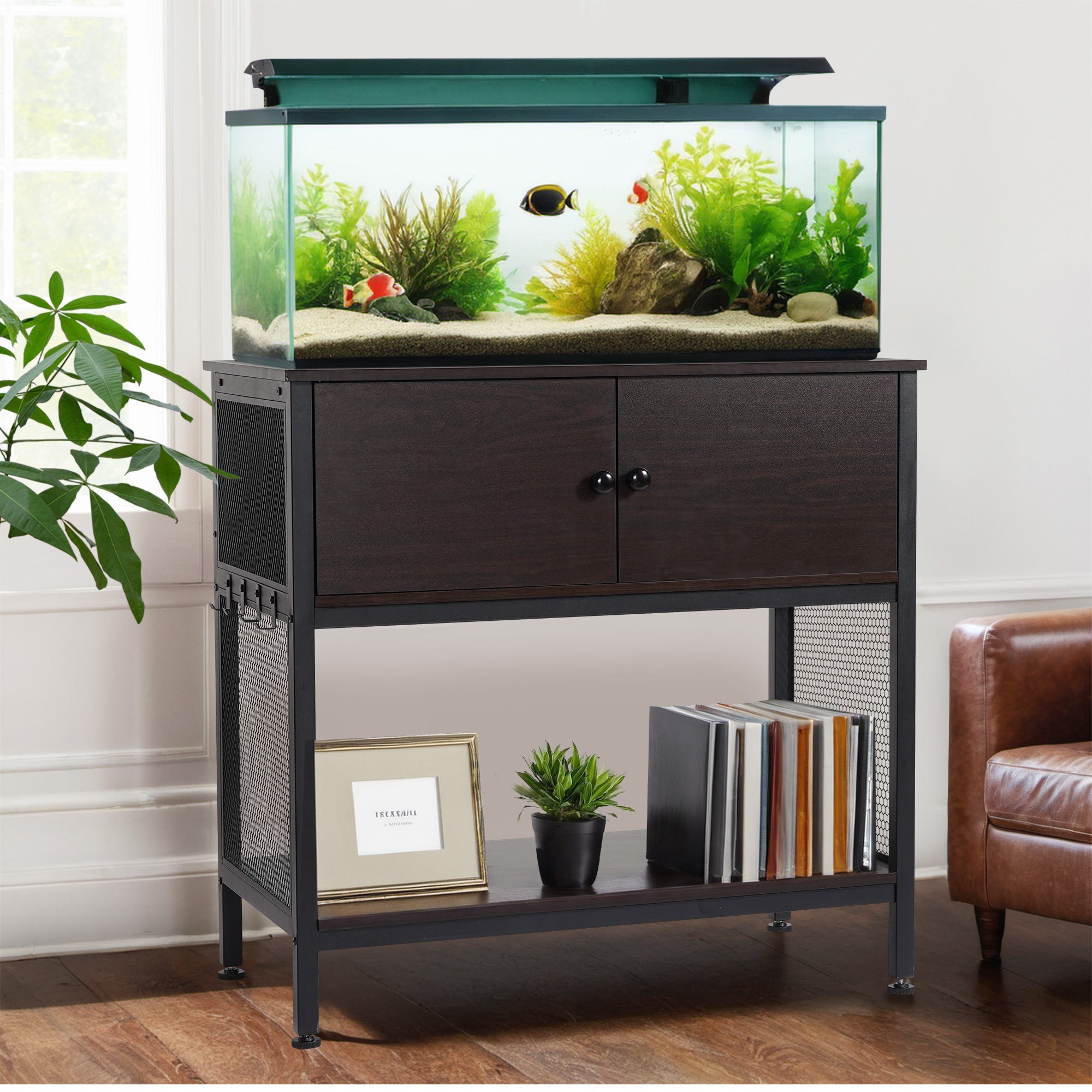 40 Gallon Metal Frame Fish Tank Stand with Cabinet Storage, 600LBS Capacity,Adjustable Table Feet & Anti-tilt Device