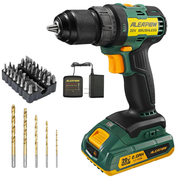 ALEAPOW D10 Cordless Brushless Drill, 20V Drill Driver Kit, 2-Speeds(0-1650RPM), 350 In-lbs, 3/8