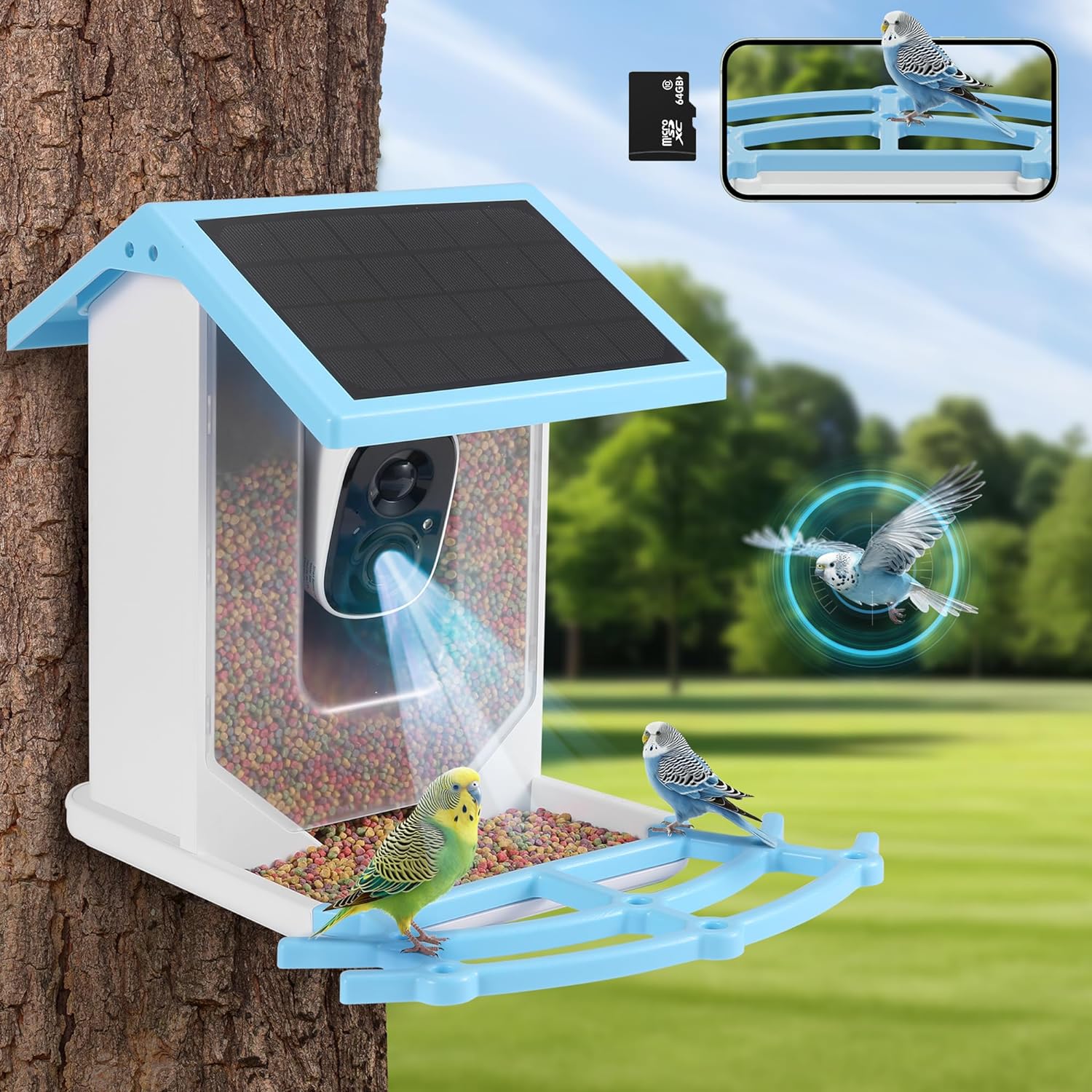 Bird Feeder with Camera, Outdoor Bird Feeder with Solar Panel, 64G SD Card, AI Identify Bird Species