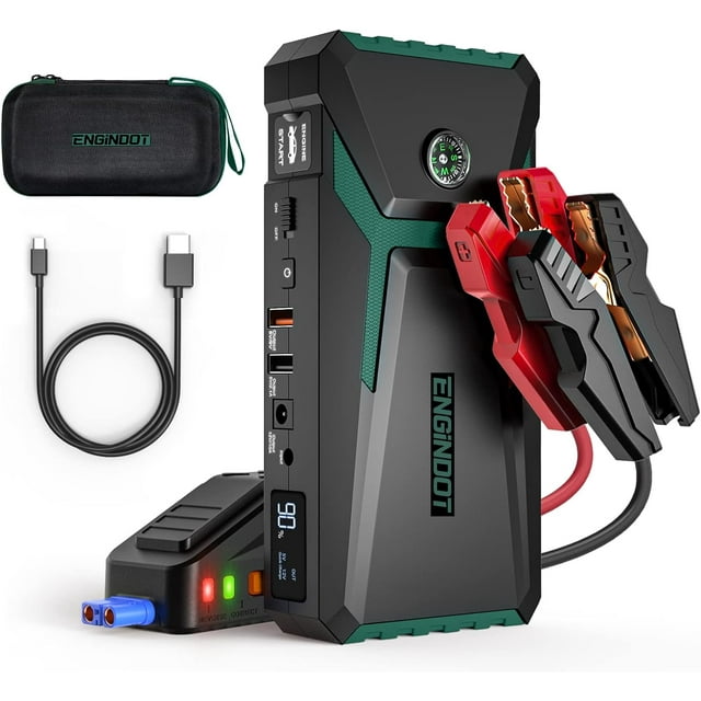 ENGINDOT Jump Starter for up to 7.0L Gas or 5.5L Diesel Engine, 800A Peak 18000mAh 12V Auto Battery Booster with LCD Screen, with USB Quick Charge, Green