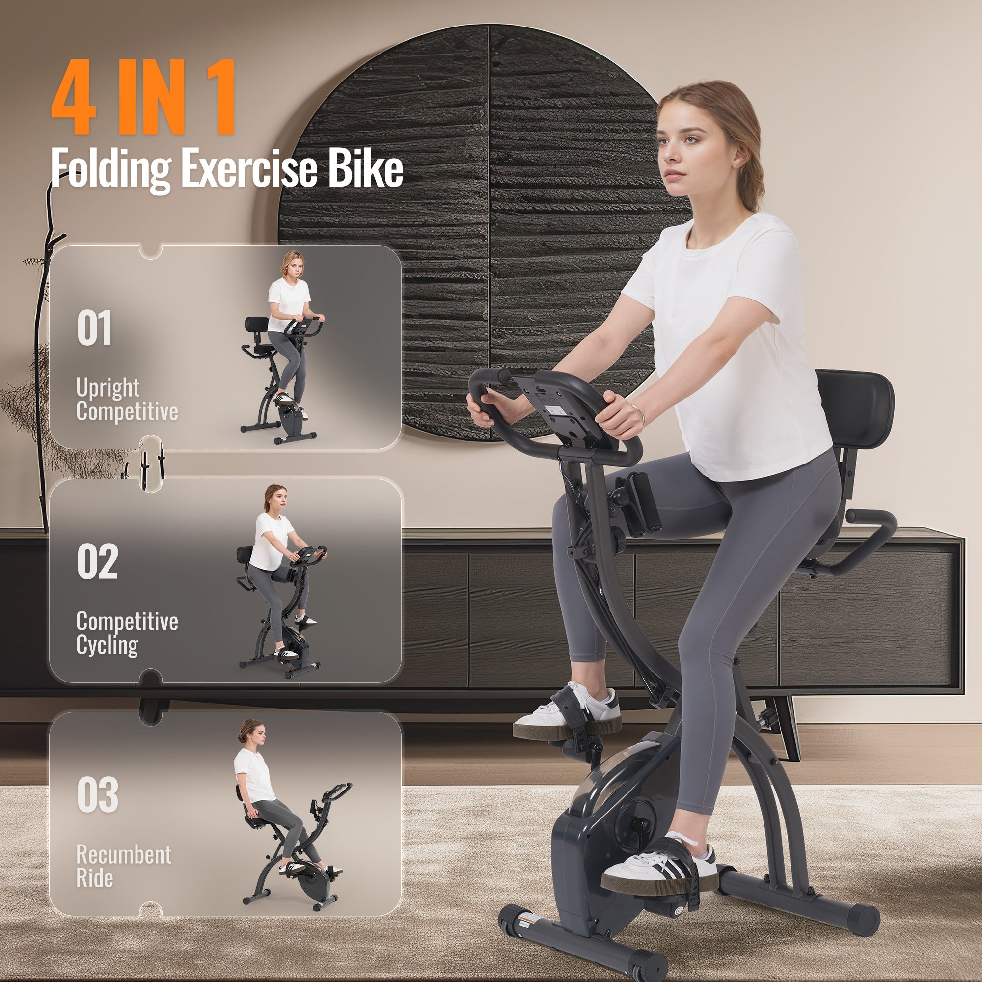 Exercise Bike 3-in-1 Folding Stationary Bike Recumbent Exercise Bike Portable Magnetic Exercise Bike with Adjustable Arm Resistance Bands/LCD Monitor and Pulse Grip for Home