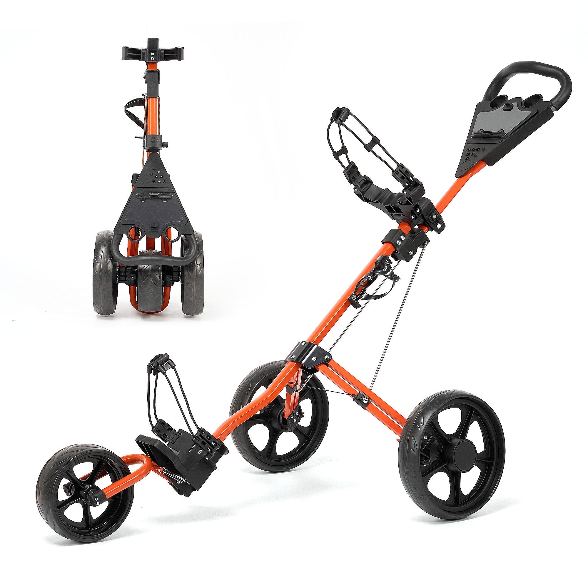 Folding 3 Wheels Golf Pull Push Cart with Scoreboard Adjustable Handle, Orange