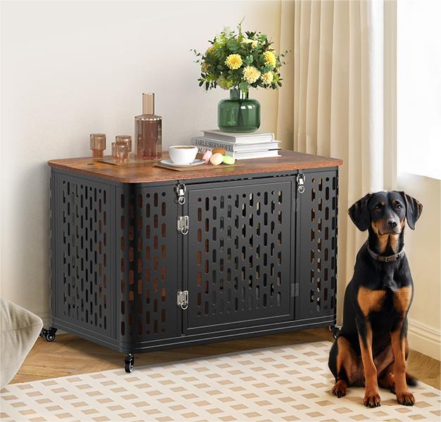 Heavy Duty Dog Crate Furniture for Medium Dog, Chew Proof Kennel for High Anxiety Dog, Decorative Side End Table, Cage With Pad,Rustic Brown