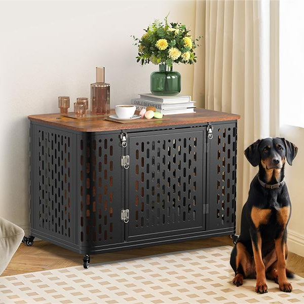 Heavy Duty Dog Crate Furniture for Medium Dog, Chew Proof Kennel for High Anxiety Dog, Decorative Side End Table, Cage With Pad,Rustic Brown