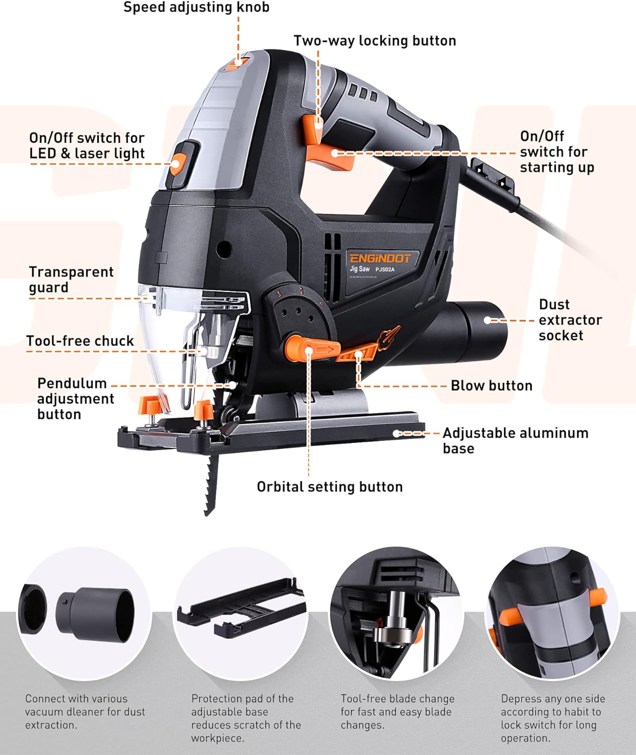 Jig Saw with 6 Variable Speed, Laser & LED, 4 Orbital Sets, 6 Blades, 45° Bevel Cutting, Scale Ruler