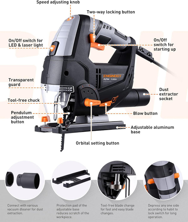 Jig Saw with 6 Variable Speed, Laser & LED, 4 Orbital Sets, 6 Blades, 45° Bevel Cutting, Scale Ruler - NAIPO