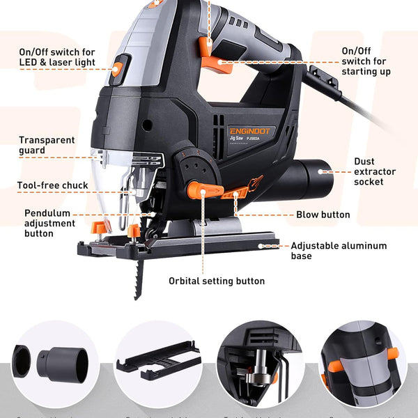 Jig Saw with 6 Variable Speed, Laser & LED, 4 Orbital Sets, 6 Blades, 45° Bevel Cutting, Scale Ruler