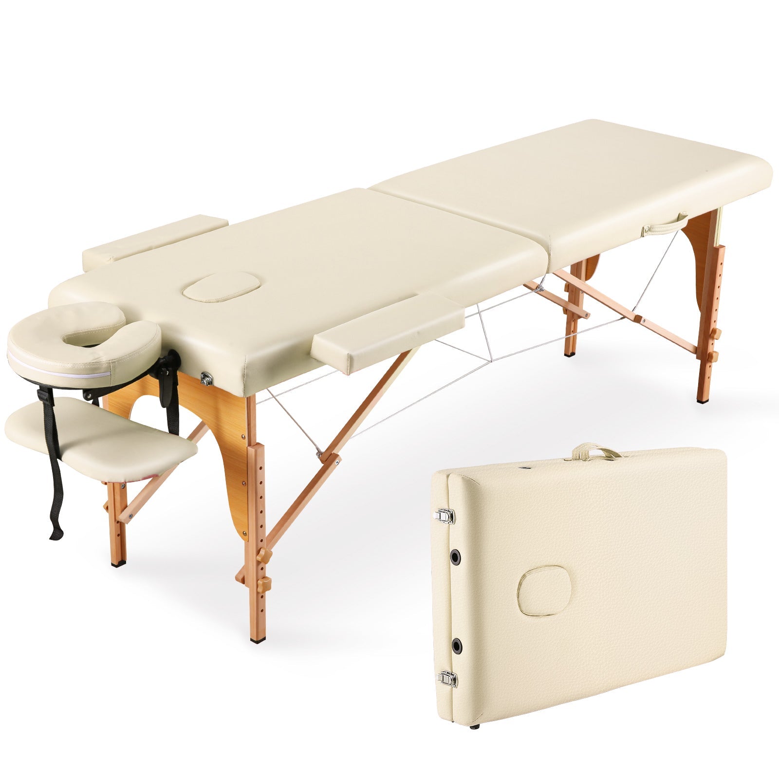 Massage Table Portable Massage Bed Lash Spa Bed Tattoo Face Cradle Bed Height 35Inch Adjustable 2 Fold with Bag - Cream