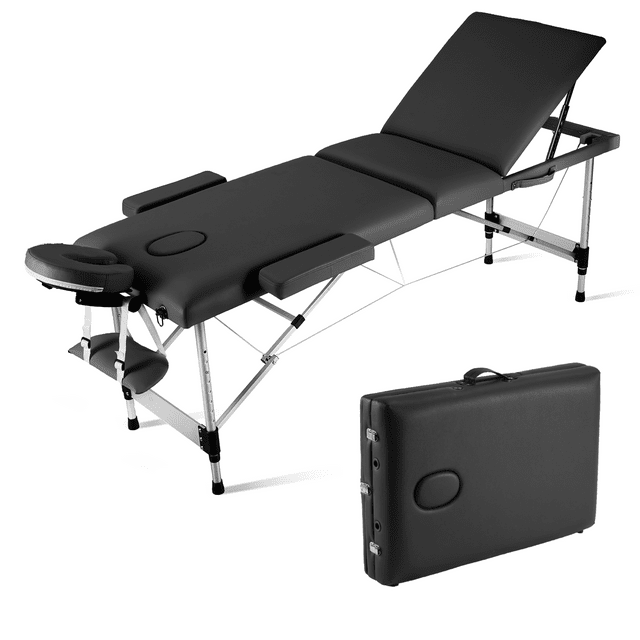 MaxKare 3-Section Professional Massage Table, Adjustable Folding with Aluminum Legs, Carrying Bag for Salon Lash Treatments, Maximum weight capacity 595lbs, Black