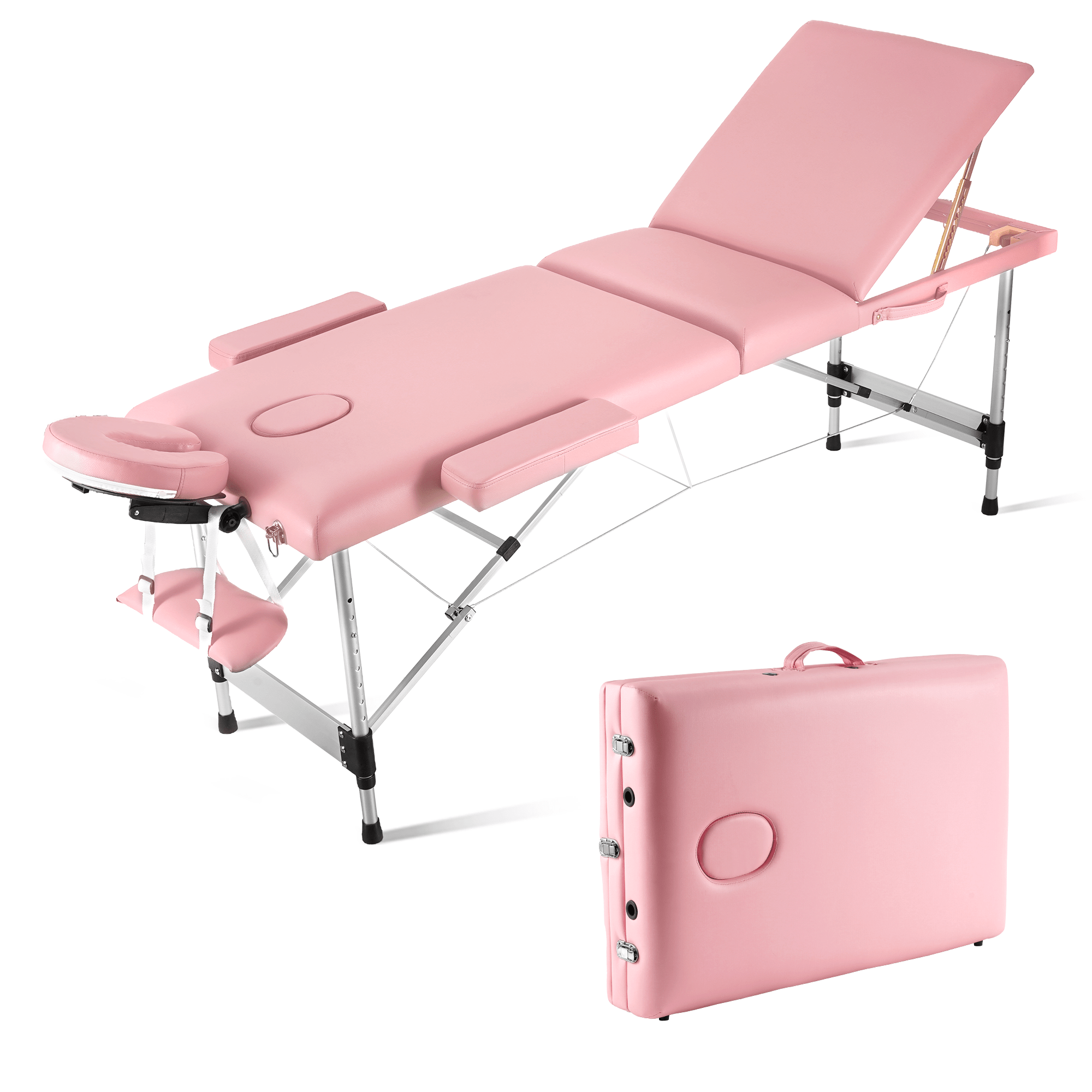 MaxKare 3-Section Professional Massage Table, Adjustable Folding with Aluminum Legs, Carrying Bag for Salon Lash Treatments, Maximum weight capacity 595lbs, Pink