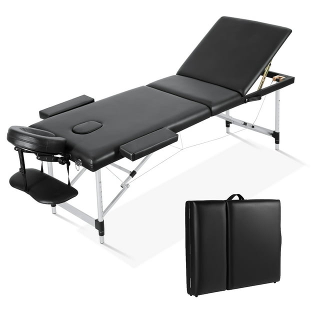 Naipo 3-Section Professional Massage Table 73''Long 82'' Height Adjustable Folding Facial Spa Bed with Aluminum Legs Carrying Bag Accessories for Salon Lash Treatments, Black