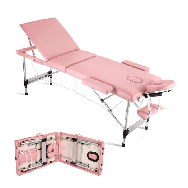 Naipo 3-Section Professional Massage Table 73''Long 82'' Height Adjustable Folding with Aluminum Legs Carrying Bag for Salon Lash Treatments, Maximum Weight 595lbs, Pink