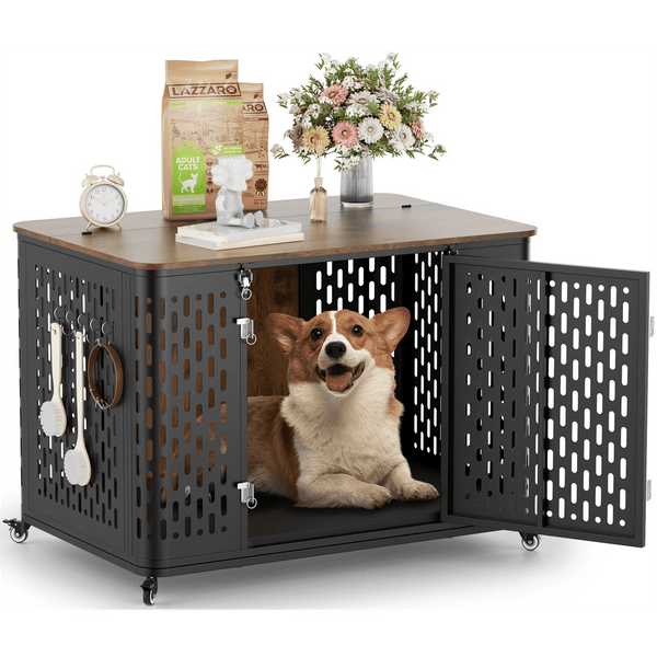 Naipo 38" Dog Crate Furniture, Indoor Wooden Dog Kennel With Double Door,Heavy Duty Chew Resistant - NAIPO