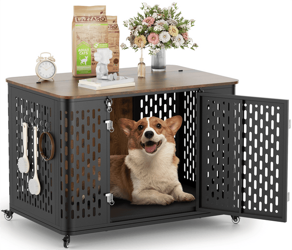 Naipo 38" Dog Crate Furniture, Indoor Wooden Dog Kennel With Double Door,Heavy Duty Chew Resistant, Decorative Side End Table - NAIPO