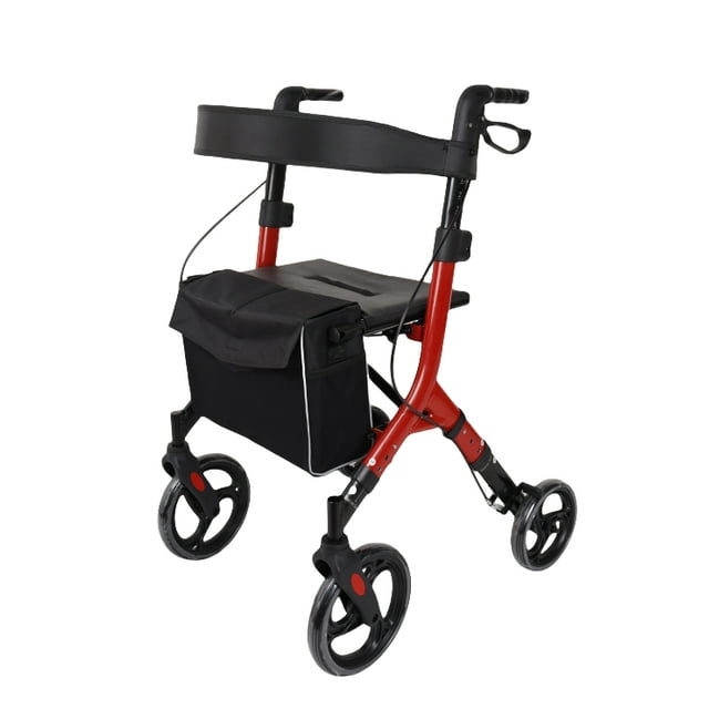 Naipo All Terrain Rollator Walker for Seniors with Seat, Lightweight Compact Folding Rolling Walkers with 10 inch Rubber Front Wheels, Red