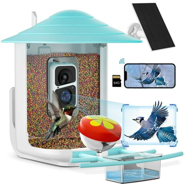 Naipo Bird Feeder, Camera for Automatic Bird Video Capture and Motion Detection, Solar-Powered Wireless Outdoor Device with 64G SD Card