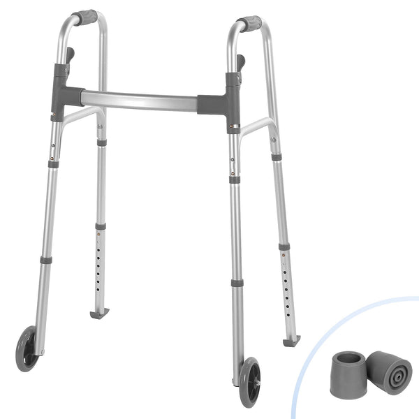 Naipo Compact Folding Walker with Trigger Release and Glide Skis for Seniors Elderly, 5 Inches Front Wheels Support Up to 350lbs, Silver - NAIPO