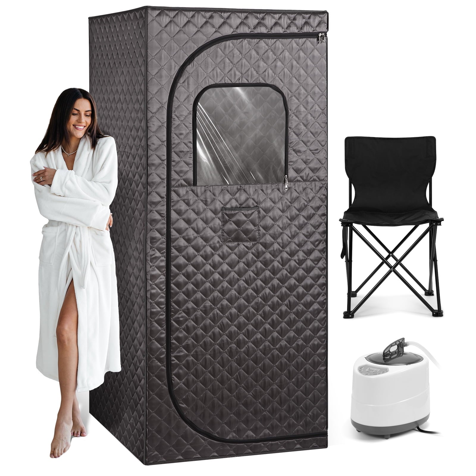 Naipo Full Size Portable Steam Sauna Tent for Home Spa, Relaxation Kit with 2.6L 1000W Steamer, Remote Control and Foldable Chair, 2.6’ x 2.6’ x 5.9’