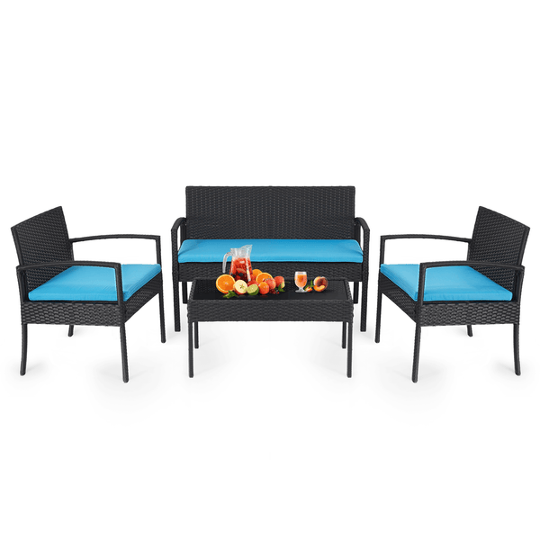 Naipo Patio Furniture Set 4  Pcs Outdoor Conversation Furniture Rattan Chair Wicker Sofa Includes 2 Rattan Chairs and 1 Loveseat, 1 Tempered Glass Table Garden for  Yard, Pool or Backyard