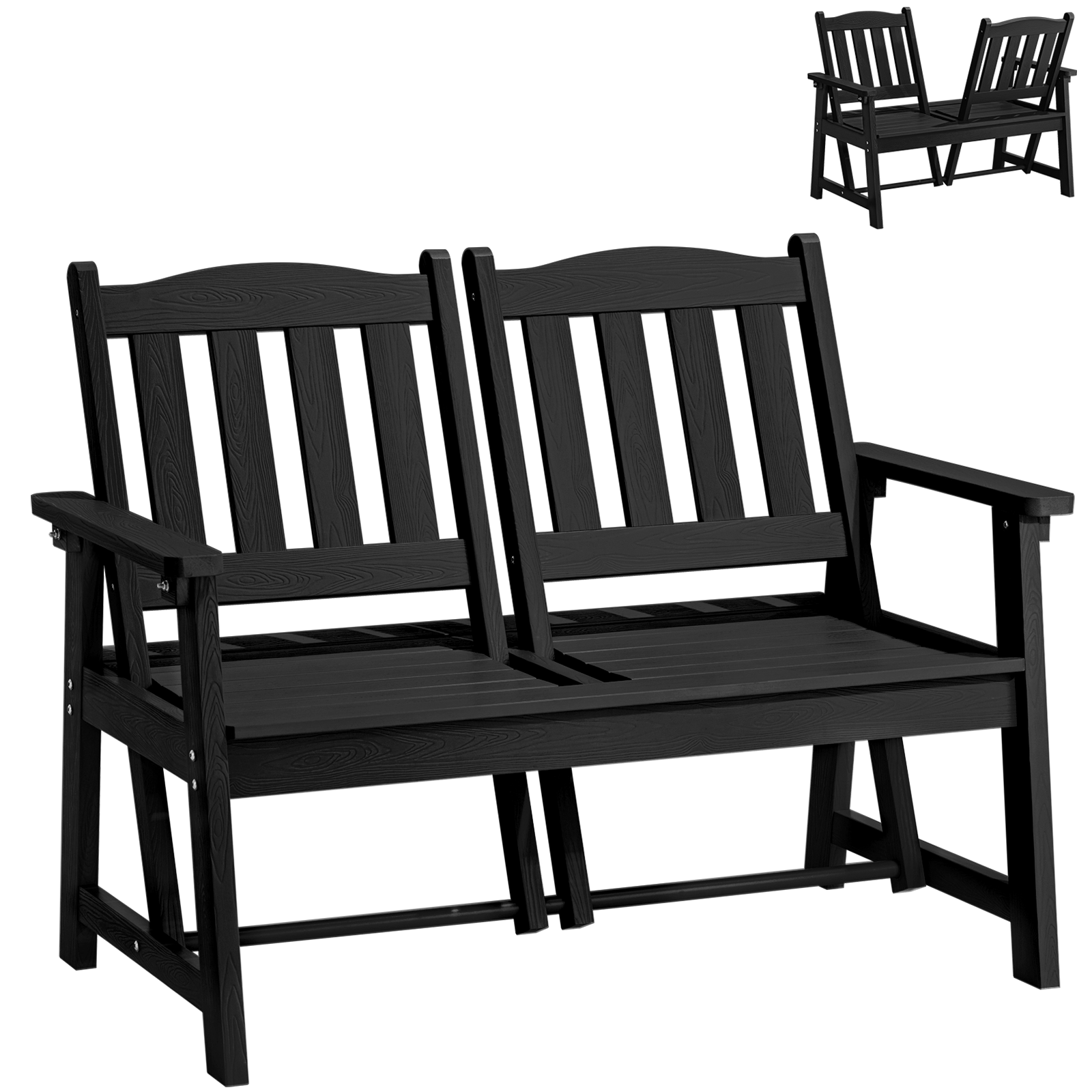 Outdoor Bench, 2-Person Garden Benches for Outdoors, All-Weather HDPS Garden Bench with Adjustable Backrest 755 lbs, Never Rot or Fade for Garden, Porch, Backyard and Park, Black