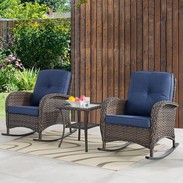 Outdoor Rocking Chairs 3 Pieces Patio Furniture Rocking Set Set of 2 Wicker Rocker Chairs for Porch,Rattan Side Table, Blue