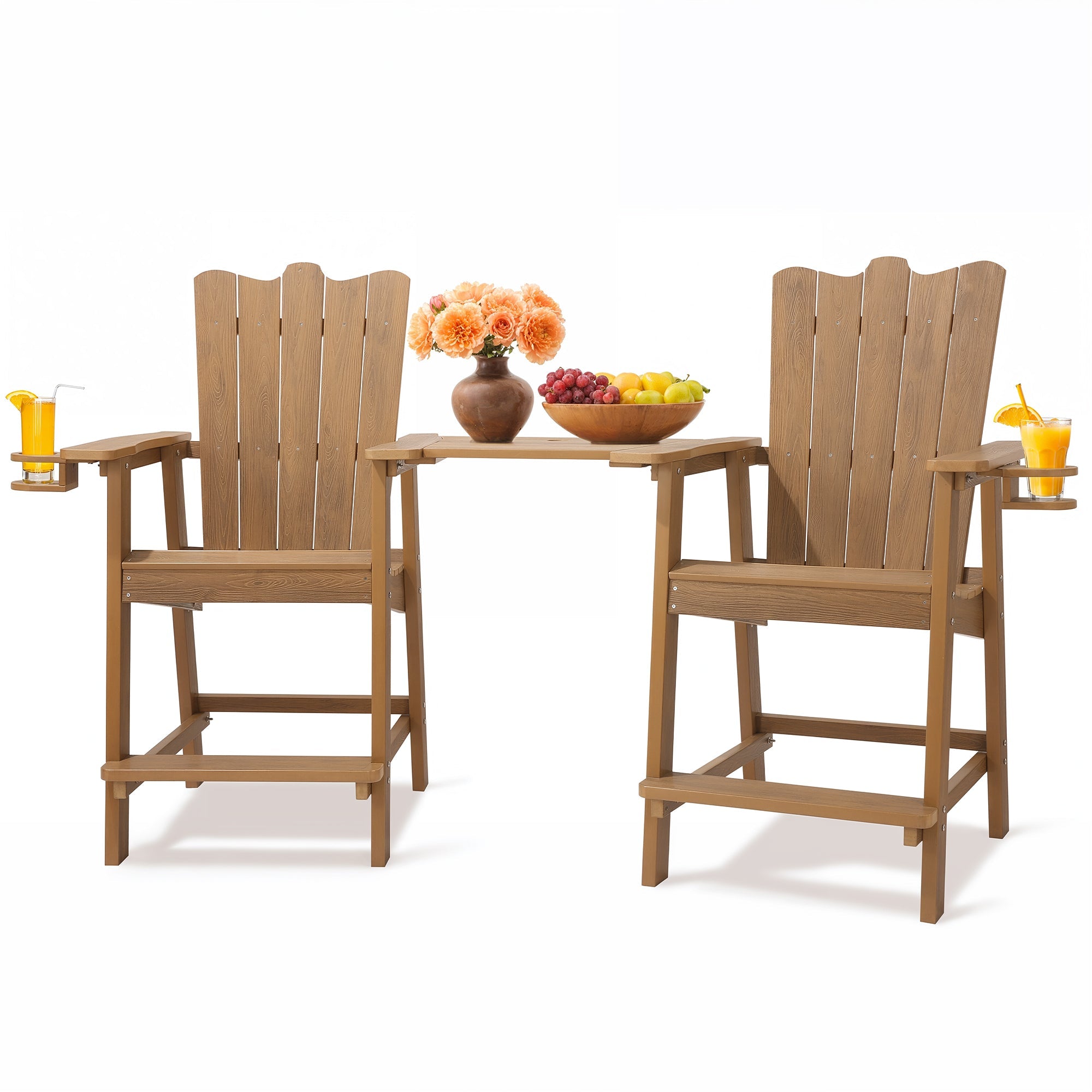 Tall Adirondack Chair Set of 2, HDPS Outdoor Adirondack Barstools with Double Connecting Tray Patio Stools Weather Resistant for Outdoor Deck Lawn Pool Backyard