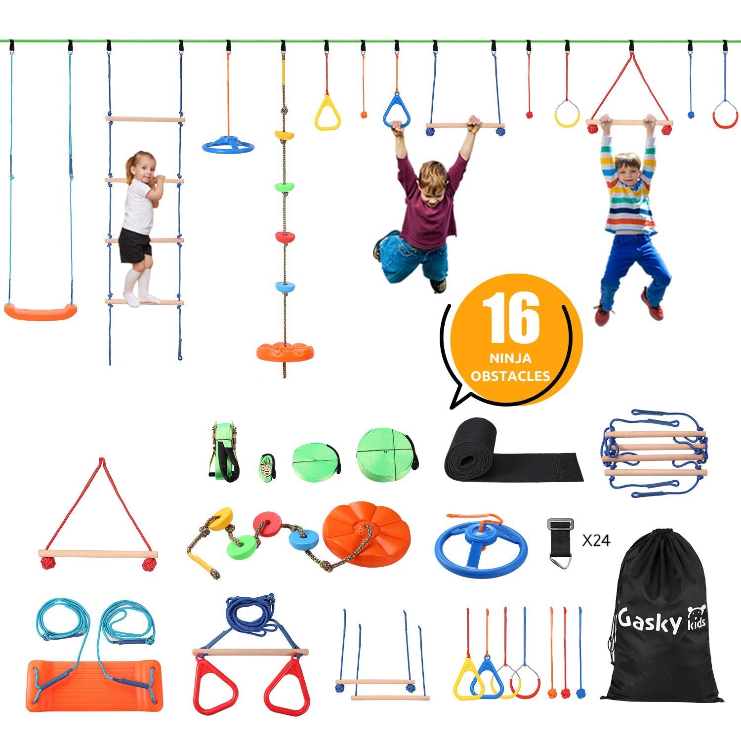 Gasky Ninja Warrior 16 Obstacles Course Kit for Kids-55 ft Ninja Slackline Kit Backyard Outside