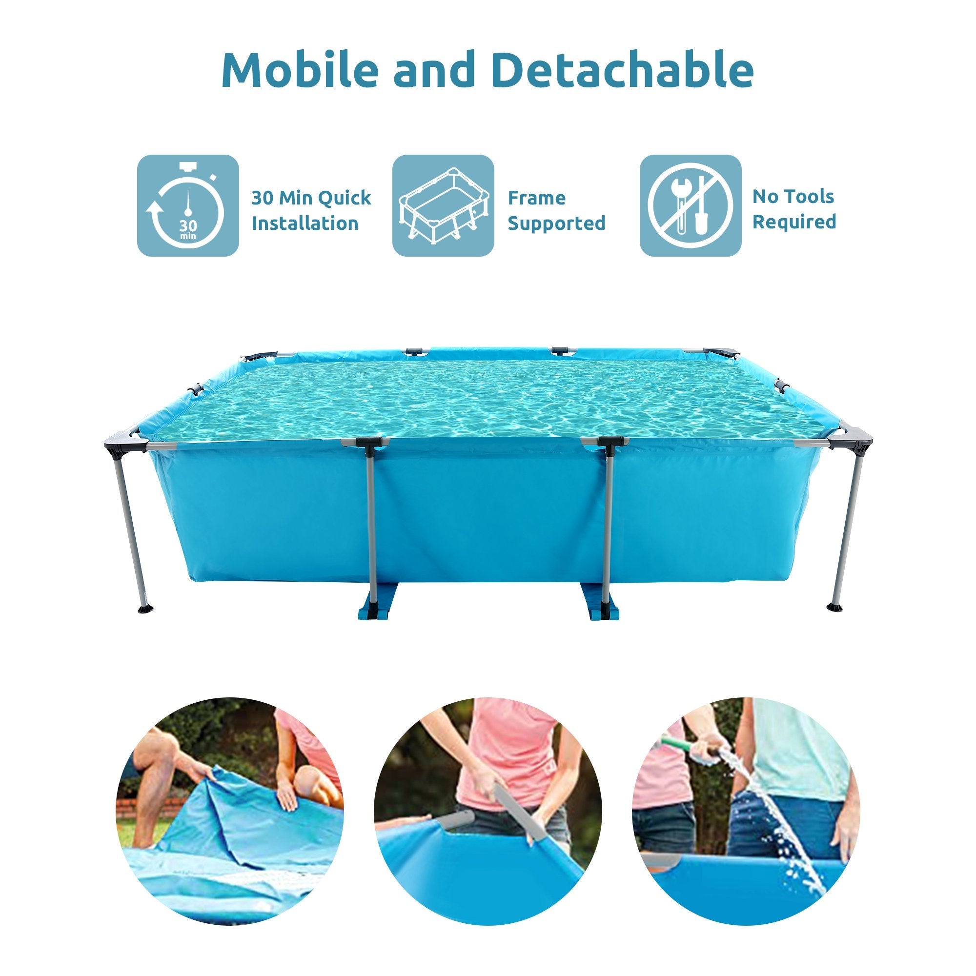 Swimming Pool 15ft Above Ground Swimming Pool Rectangle Swimming Pool with Metal Frame and Accessories 118x79x29.5 Inch for Child & Adult Backyard Lawn Bule