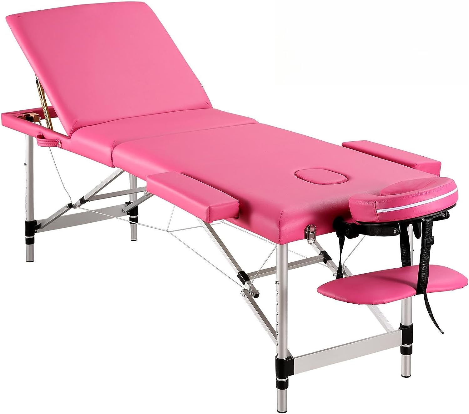 Massage Table Professional Massge Bed 3 Fold 82 Inches Height Adjustable for Spa Salon Lash Tattoo with Aluminum Legs Carrying Bag Accessories Pink