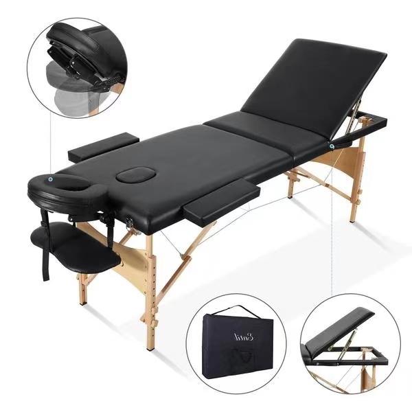 Massage Table Spa Bed Portable 3 Sections Wooden Legs with Face Hole Carrying Bag