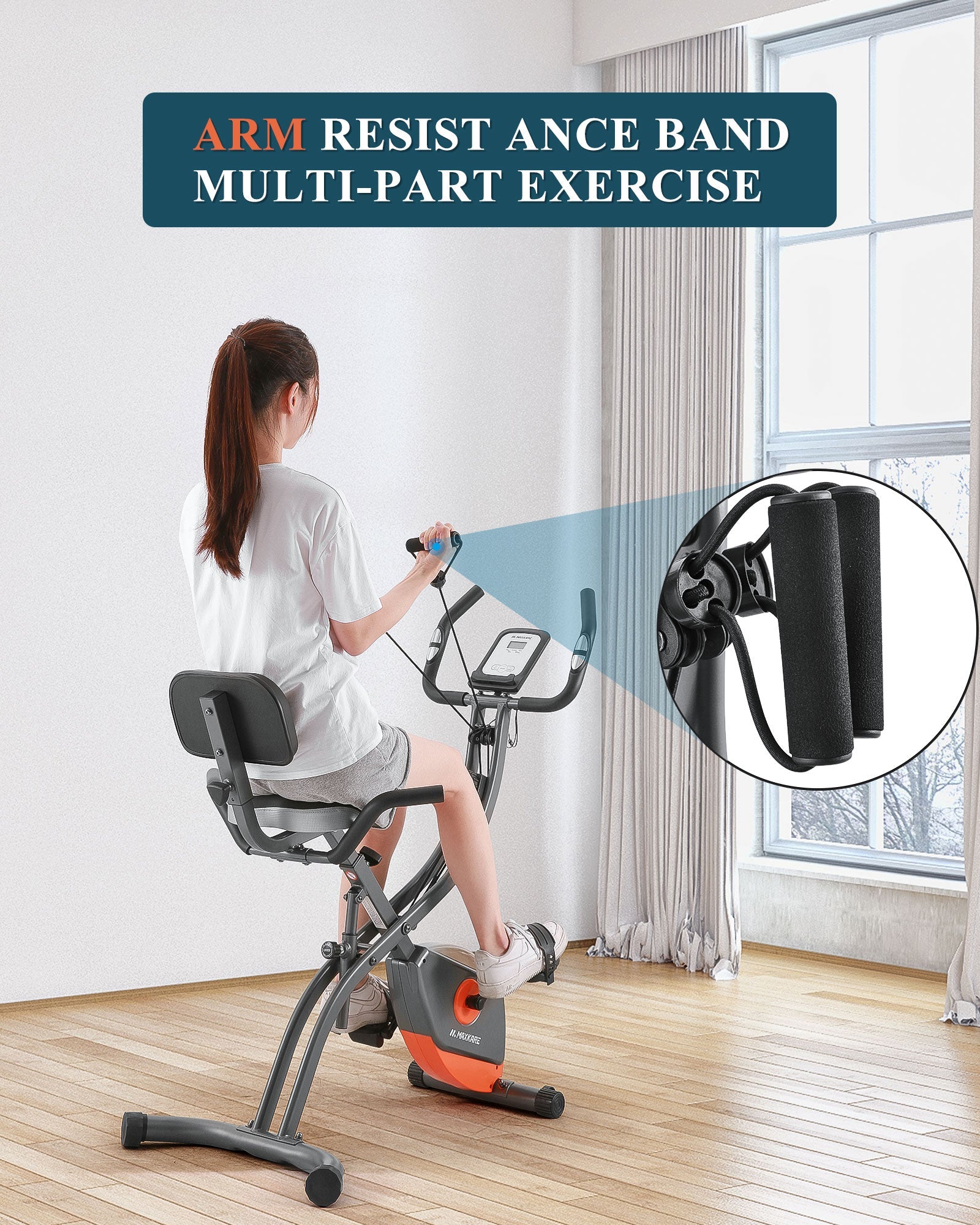 Exercise Bike Foldable Magnetic Upright Stationary Bike with Arm Resistance Bands/Extra Large Adjustable Backrest Seat/LCD Display/Pulse Sensor/for Home Indoor Cycling (3-IN-1 2021 upgraded)