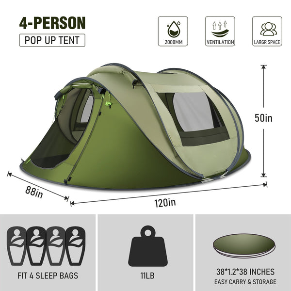 MaxKare Instant Pop up Tent 3 4 Person Portable Camping Tent Water-Resistant UV Protection Carrying Bag - NAIPO