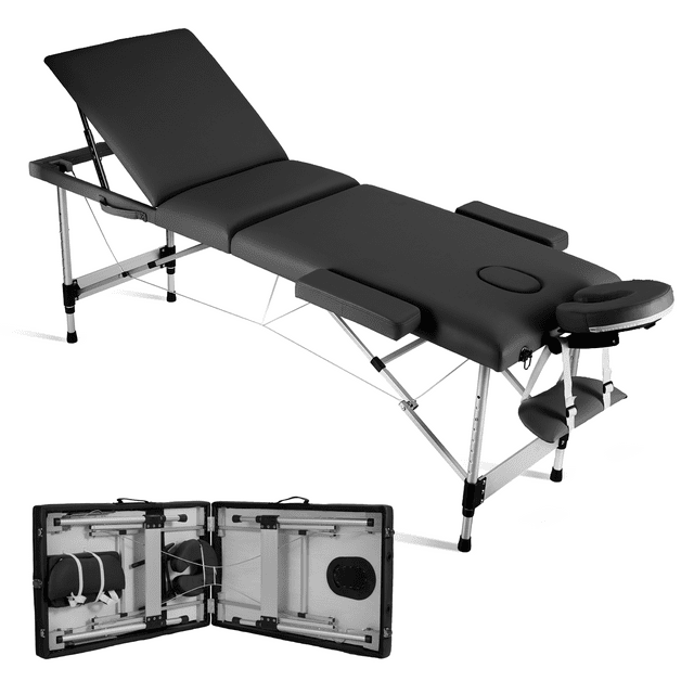 Naipo 3-Section Professional Massage Table Folding with Aluminum Legs for Salon Lash Treatments, Black