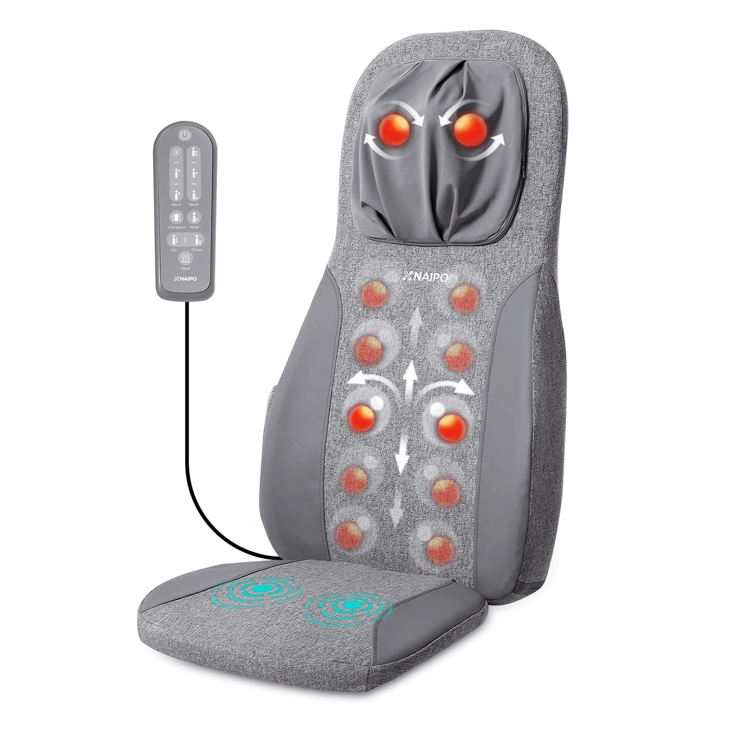 Naipo Back & Neck Shiatsu Massage Cushion Pad with Heat, Height Adjustable Kneading Rolling Massage Chair Pad--Wholesale--US