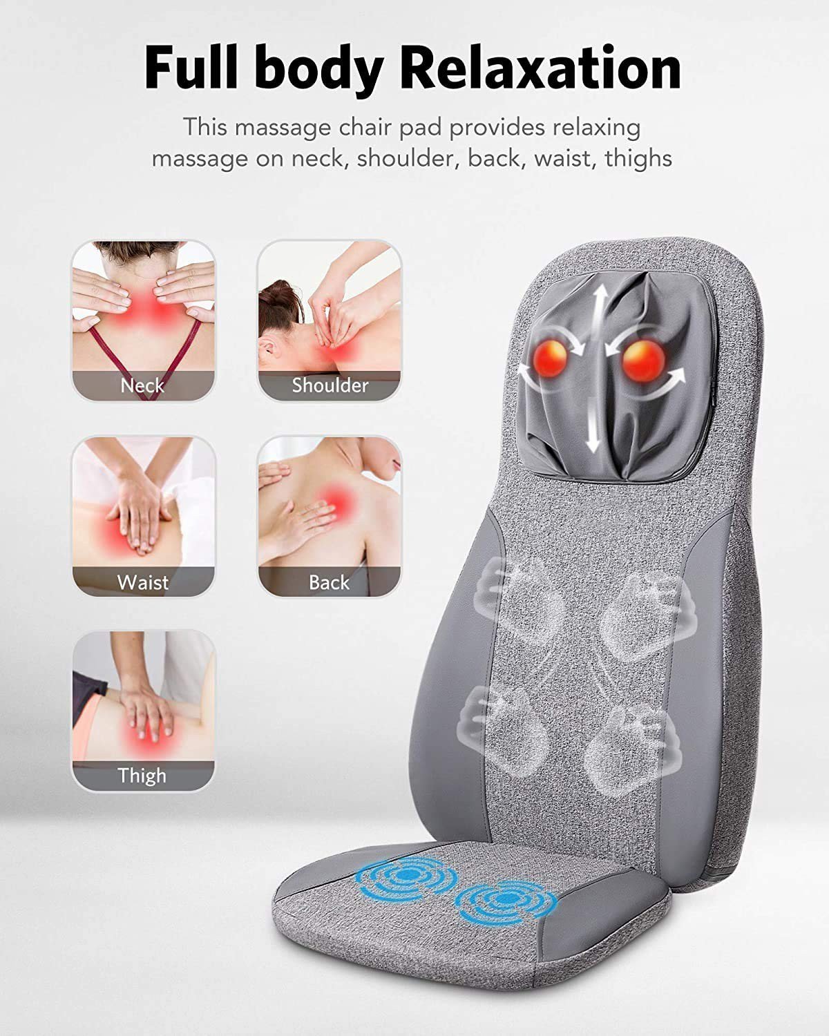 Naipo Back & Neck Shiatsu Massage Cushion Pad with Heat, Height Adjustable Kneading Rolling Massage Chair Pad--Wholesale--US