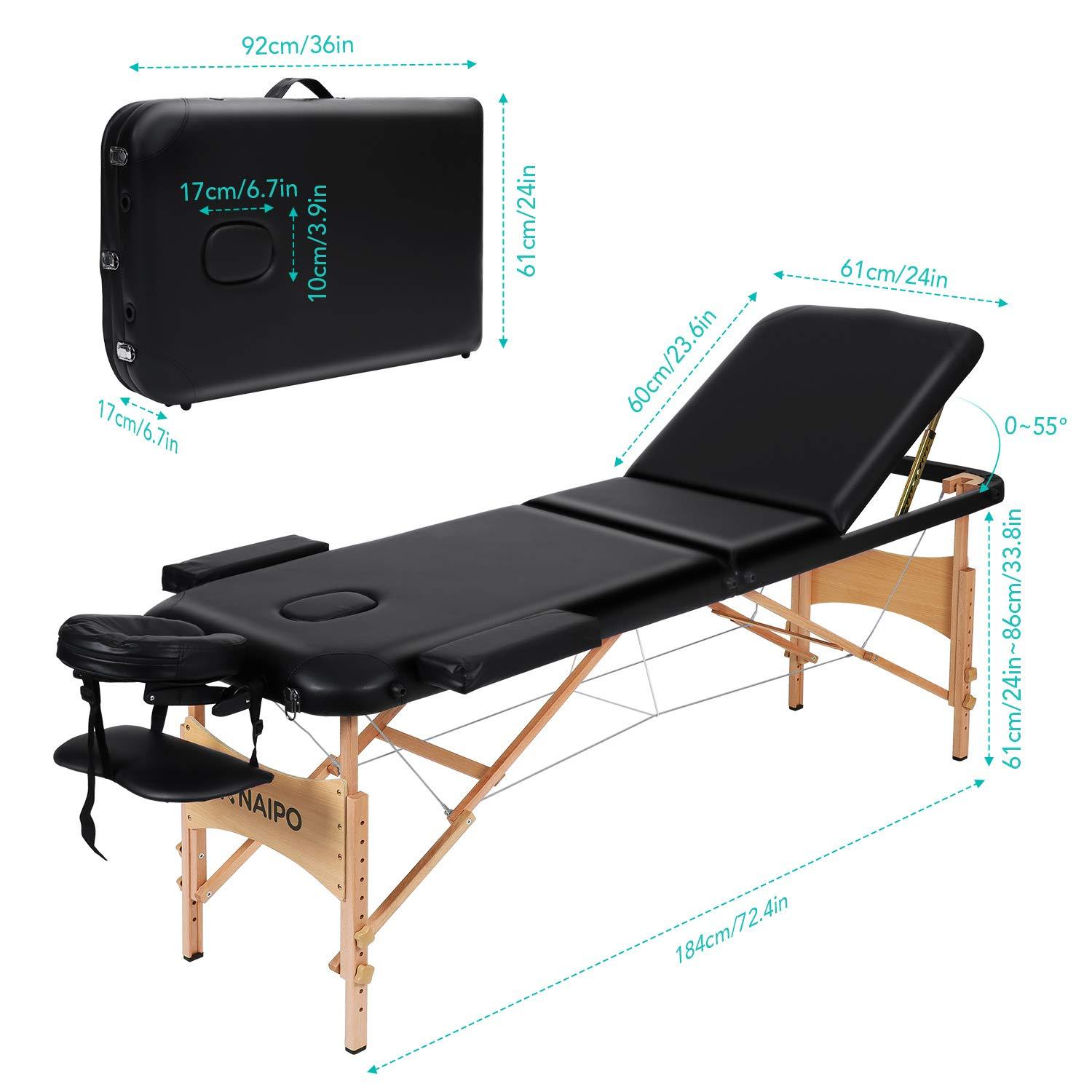 Naipo Portable Massage Table Professional Adjustable Folding Bed with 3 Sections Wooden Frame Ergonomic Headrest and Carrying Bag for Therapy Tattoo Salon Spa Facial Treatment