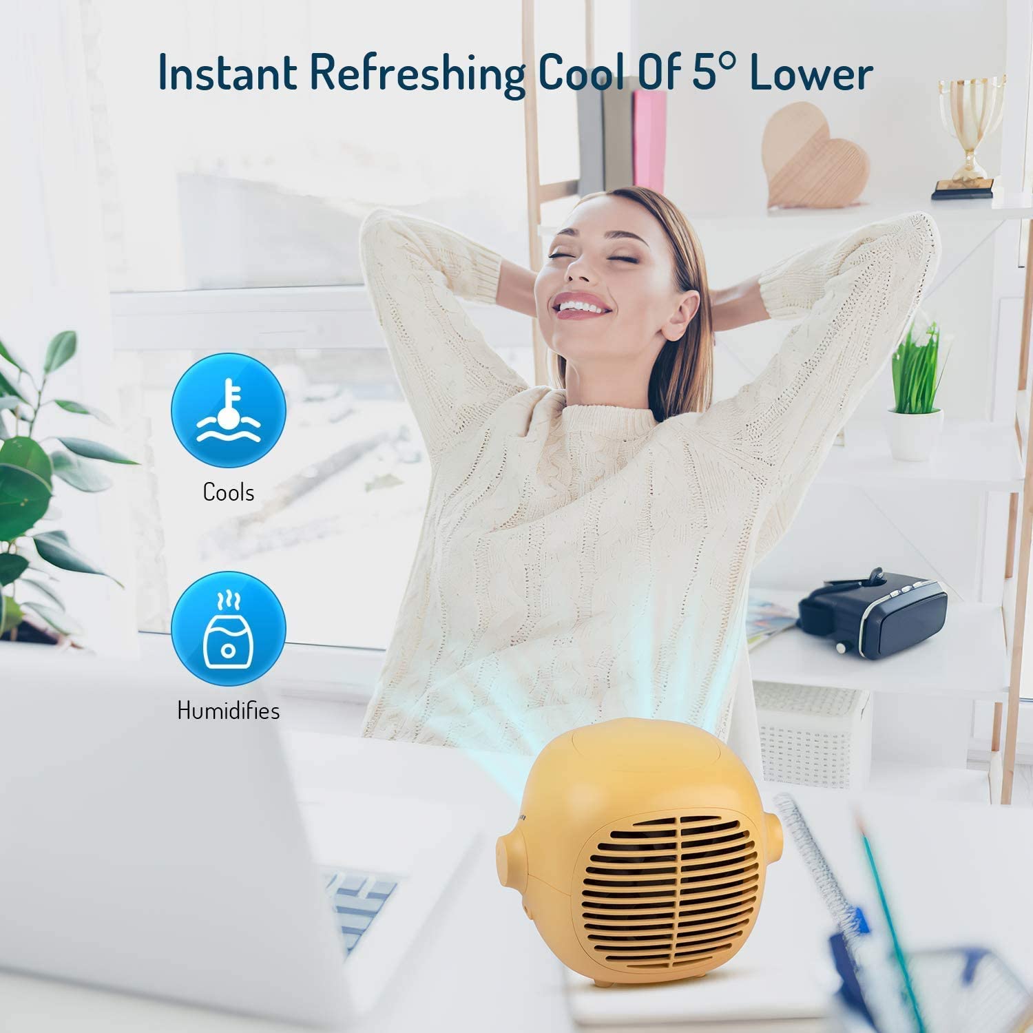 Portable Air Conditioner Fan Evaporative Portable Cooler Fan Space Cooler Fan Quiet Desk Fan with USB Recharged(Yellow)